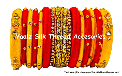 Yaalz Silk Thread Diamond Kundan Stone 13Pcs Bridal / Partywear Bangle Set In Red & Golden Yellow Colors