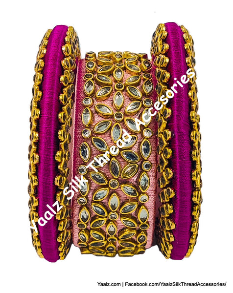 Yaalz Silk Thread Rich Kundan Stone 3Pcs Bangle Set In Dark Pink & Peach Colors