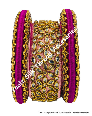 Yaalz Silk Thread Rich Kundan Stone 3Pcs Bangle Set In Dark Pink & Peach Colors