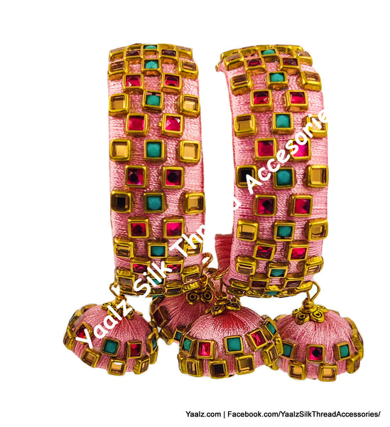 Yaalz Silk Thread Rich Square Kundan Stone Kada Pair With Latkans In Assorted Colors