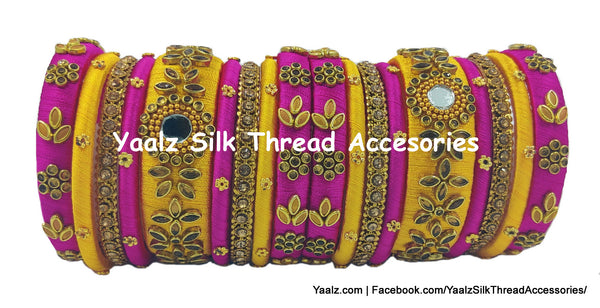 Yaalz Silk Thread Heavy Kundan Stone & Mirror Work Bridal / Partywear 18Pcs Bangle Sets In Assorted Color Combinations
