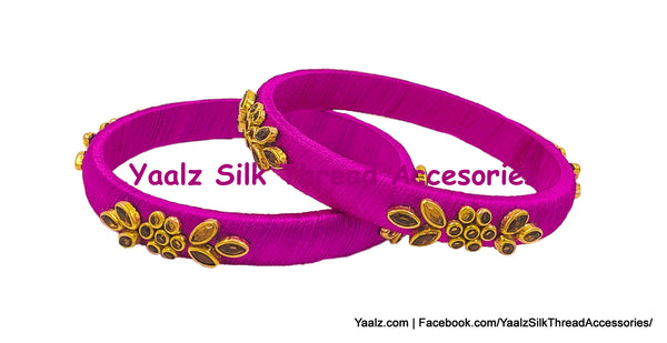 Yaalz Silk Thread Kundan Stone Medium Bangle Pairs In Assorted Colors - Set 3