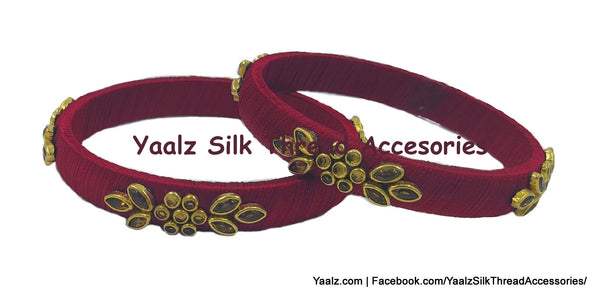 Yaalz Silk Thread Kundan Stone Medium Bangle Pairs In Assorted Colors - Set 3
