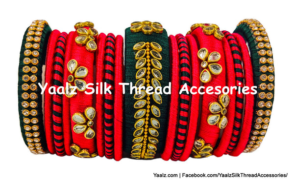 Yaalz Silk Thread 15Pcs Kundan Stone Bridal / Partywear Bangle Set In Red & Bottle Green Colors