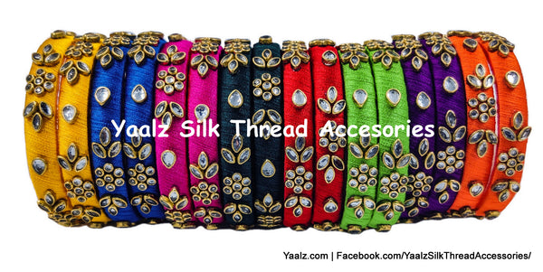 Yaalz Silk Thread Kundan Stone Medium Bangle Pairs In Assorted Colors - Set 3
