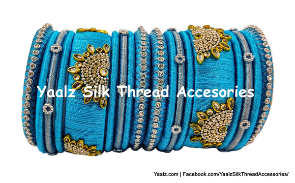 Yaalz Silk Thread 18Pcs Kundan Stone Partywear Bangle Set In Copper Blue Colors