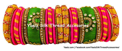 Yaalz Silk Thread 30Pcs Kundan Stone Bridal / Partywear Bangle Set In Pink, Green & Gold Colors