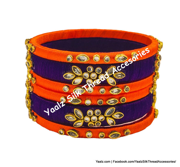 Yaalz Silk Thread Kundan Work 6Pcs Simple Bangle Sets With Stick Stone Work In Assorted Colors - Set 2