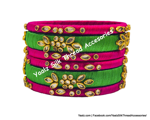 Yaalz Silk Thread Kundan Work 6Pcs Simple Bangle Sets In Assorted Colors - Set 3