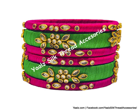 Yaalz Silk Thread Kundan Work 6Pcs Simple Bangle Sets In Assorted Colors - Set 3