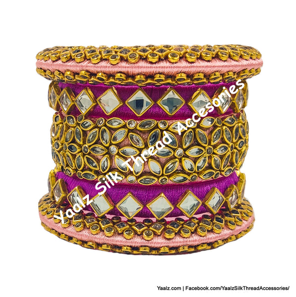 Yaalz Silk Thread Rich Kundan Stone Bridal / Partywear Heavy 5Pcs Bangle Set With 'V' Corners In Salmon Pink & Fuchsia Pink Colors