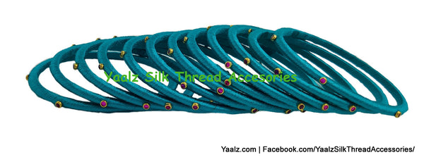 Yaalz Silk Thread Weightless Thin Dozen Bangles With Kundan Stones In Assorted Colors - Set 1