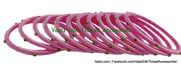 Yaalz Silk Thread Weightless Thin Dozen Bangles With Kundan Stones In Assorted Colors - Set 2