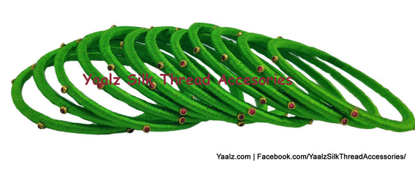 Yaalz Silk Thread Weightless Thin Dozen Bangles With Kundan Stones In Assorted Colors - Set 2