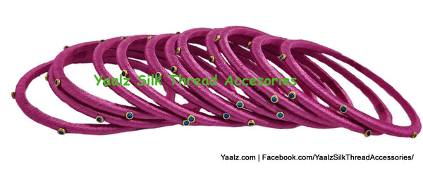 Yaalz Silk Thread Weightless Thin Dozen Bangles With Kundan Stones In Assorted Colors - Set 2