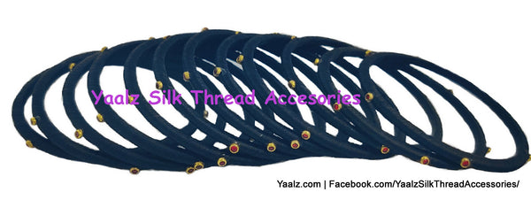 Yaalz Silk Thread Weightless Thin Dozen Bangles With Kundan Stones In Assorted Colors - Set 3