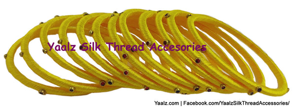 Yaalz Silk Thread Weightless Thin Dozen Bangles With Kundan Stones In Assorted Colors - Set 3