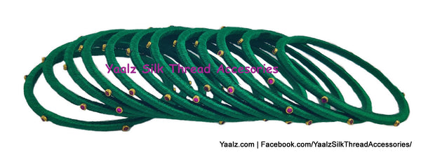 Yaalz Silk Thread Weightless Thin Dozen Bangles With Kundan Stones In Assorted Colors - Set 3