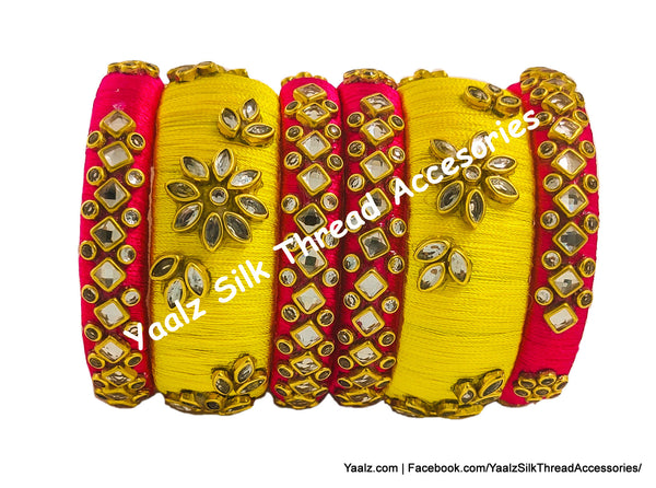 Yaalz Silk Thread 6Pcs Kundan Stone Elegant Bangle Sets In Assorted Colors
