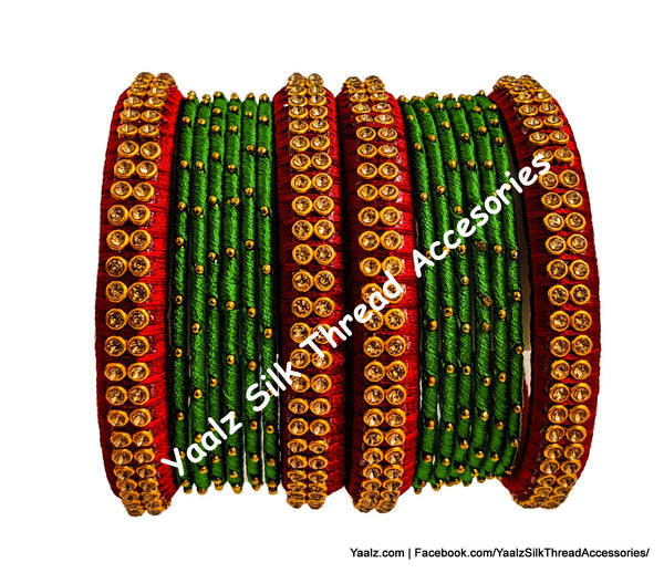 Yaalz Silk Thread Metal Mix Bangle Sets With Stone Work In Assorted Colors