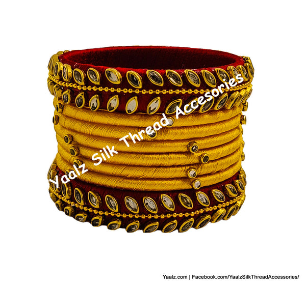 Yaalz Silk Thread 8Pcs Kundan Stone Bangle Set In Maroon & Golden Yellow Colors