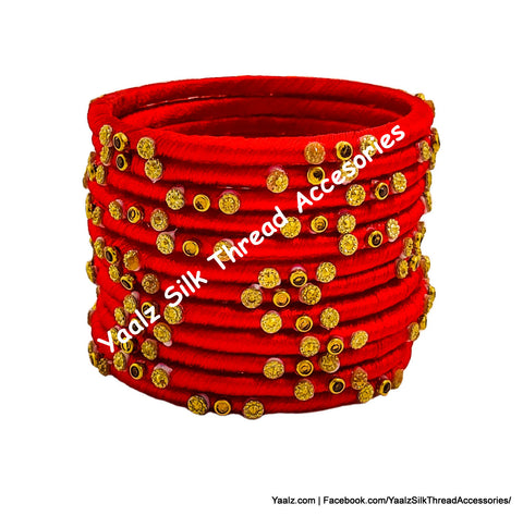Yaalz Silk Thread Kundan & Glitter Stone Weightless Dozen 2mm Thin Bangles In Assorted Colors
