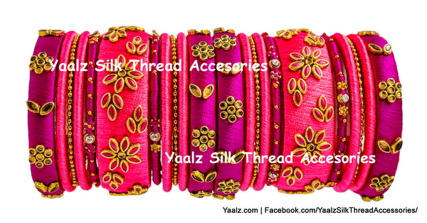 Yaalz Silk Thread 11Pcs Metal Mix Kundan Stone Bridal / Partywear Bangle Set In Coral Pink & Purplish Pink Colors