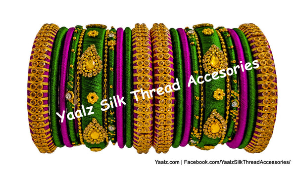 Yaalz Silk Thread Metal Mix Partywear Bangle Set In Pine Green & Fuchsia Pink Colors