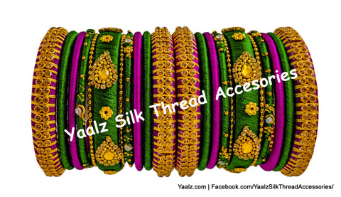 Yaalz Silk Thread Metal Mix Partywear Bangle Set In Pine Green & Fuchsia Pink Colors