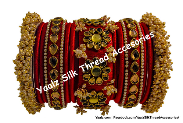 Yaalz Silk Thread Heavy Kundan Stone & Pearl Work Bridal / Partywear Bangle Set In Assorted Colors