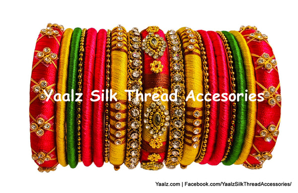 Yaalz Silk Thread Partywear Stone Work 19Pcs Bangle Sets In Assorted Colors