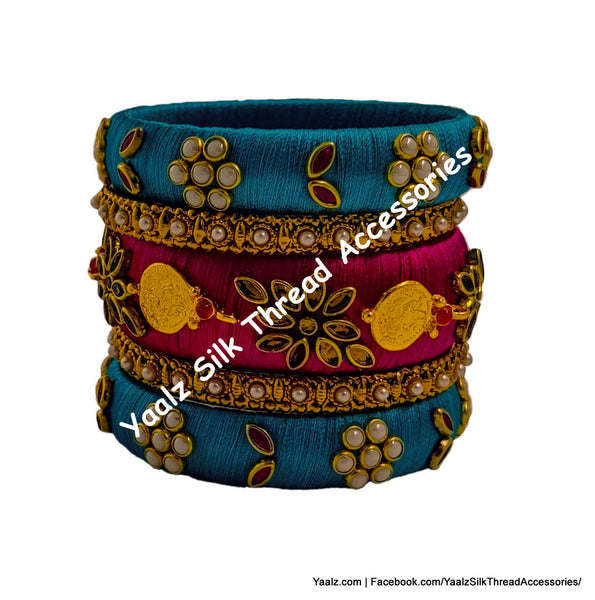 Yaalz Silk Thread Heavy Kundan Stone Partywear Bangle Set With Coin Work In Assorted Colors