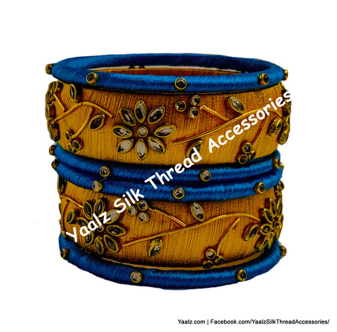 Yaalz Silk Thread Kundan Stone 6Pcs Partywear Bangle Set In Mango Yellow & Yale Blue Colors