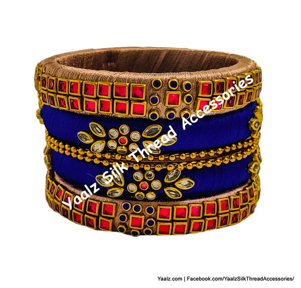 Yaalz Silk Thread Kundan 6Pcs Heavy Stone Partywear Bangle Set In Beige, Blue & Red Colors