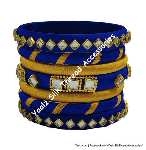 Yaalz Silk Thread Square Row Kundan Stone 7Pcs Bangle Set In Blue & Gold Colors