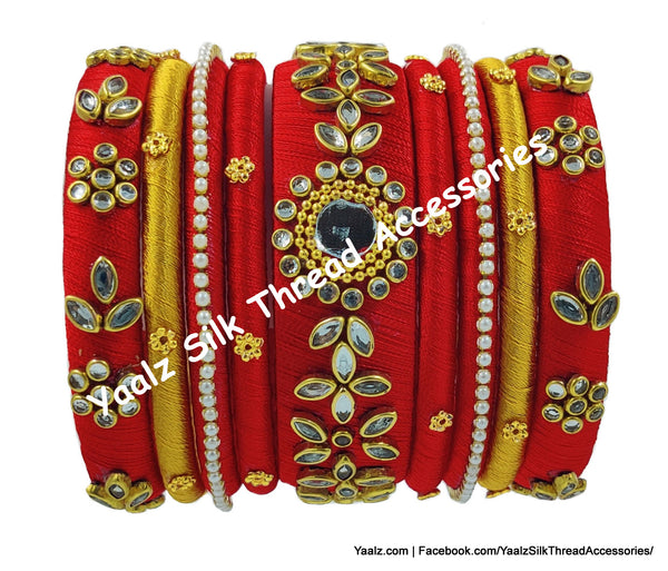 Yaalz Silk Thread Heavy Kundan Stone & Mirror Work Bridal / Partywear 18Pcs Bangle Sets In Assorted Color Combinations