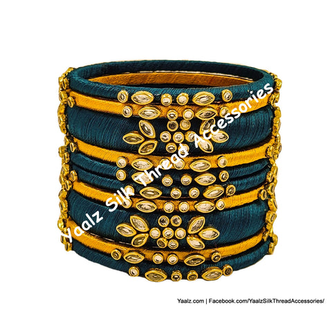 Yaalz Silk Thread Rich Kundan Stone 10Pcs Partywear Bangle Set In Dark Teal Green & Golden Yellow Colors