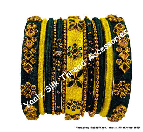Yaalz Silk Thread Kundan Stone 13Pcs Heavy Partywear Bangle Sets In Assorted Colors
