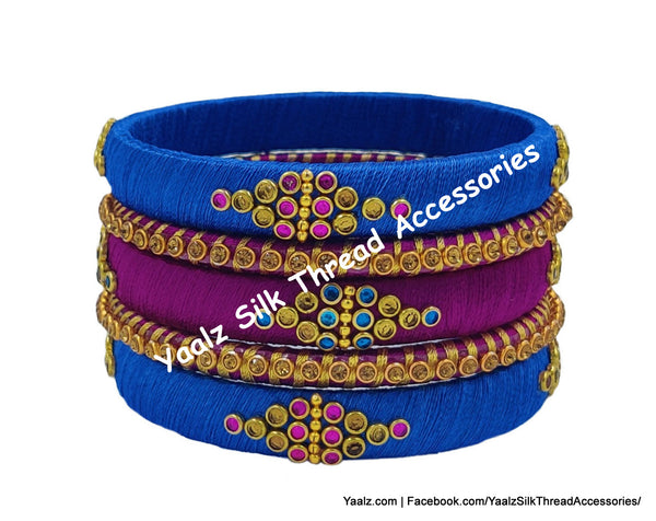 Yaalz Silk Thread Kundan Stone 5Pcs Simple Bangle Set In Purple & Copper Blue With Light Green Colors