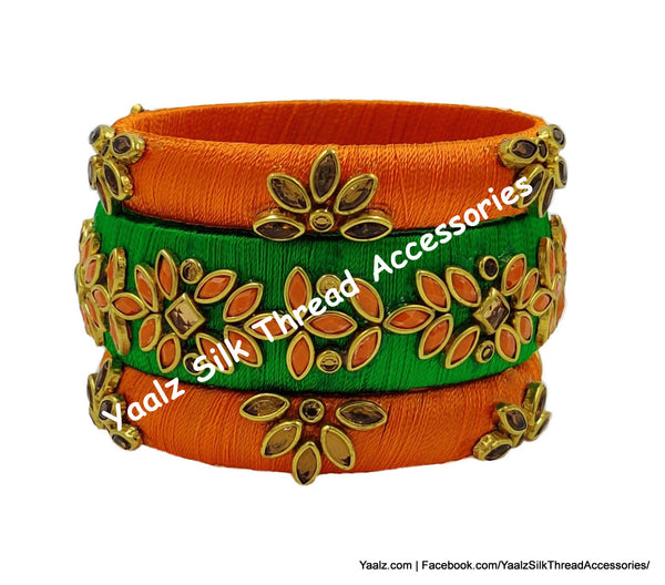 Yaalz Silk Thread Heavy Antique Gold Kundan Stone 3Pcs Bangle Sets In Assorted Colors - Set 1