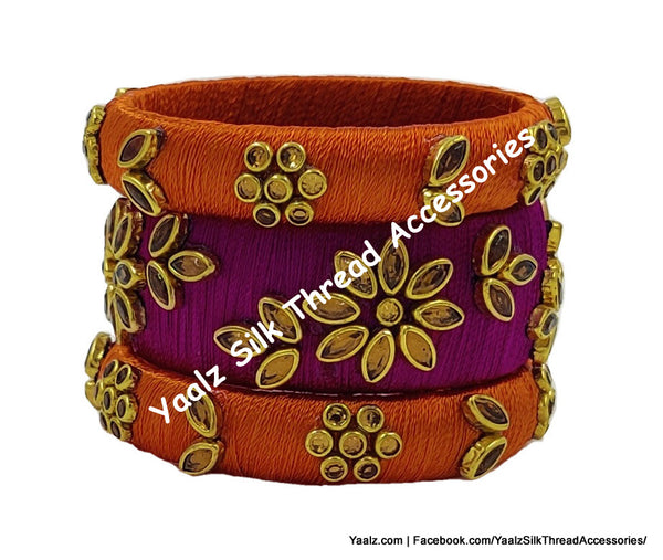 Yaalz Silk Thread Kundan Stone 3Pcs Bangle Sets In Assorted Colors - Set 1