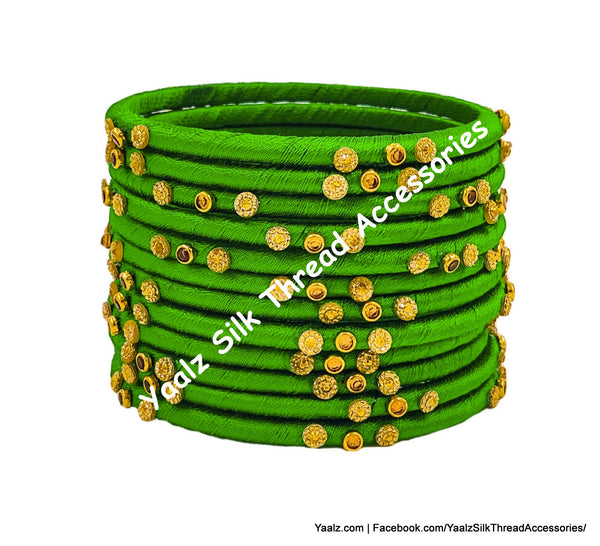 Yaalz Silk Thread Kundan & Glitter Stone Weightless Dozen 2mm Thin Bangles In Assorted Colors