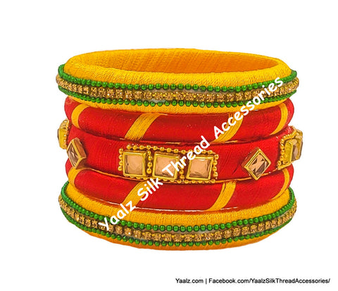 Yaalz Silk Thread 5Pcs Simple Bangle Set In Red, Green & Golden Yellow Colors