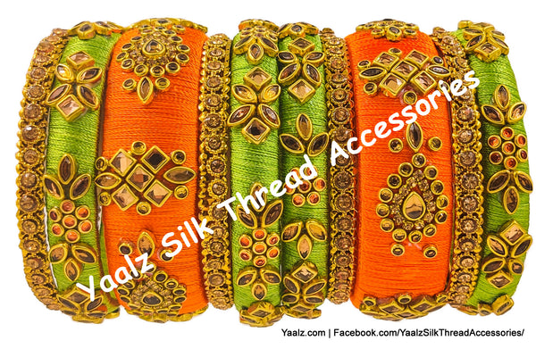 Yaalz Silk Thread Heavy Traditional Design Color Kundan Stone 10Pcs Bangle Sets In Assorted Colors