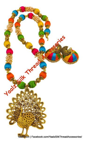 Yaalz Silk Thread Heavy Antique Gold Dancing Peacock Pendant Long Chain Neckwear In Assorted Colors