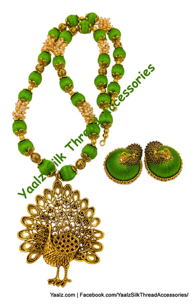 Yaalz Silk Thread Heavy Antique Gold Dancing Peacock Pendant Long Chain Neckwear In Assorted Colors