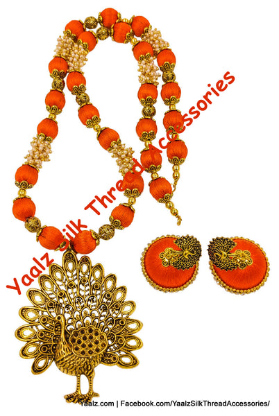 Yaalz Silk Thread Heavy Antique Gold Dancing Peacock Pendant Long Chain Neckwear In Assorted Colors