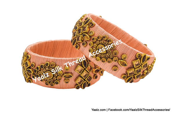 Yaalz Silk Thread Traditional Design Kundan Stone Kada Bangle Pairs In Various Colors