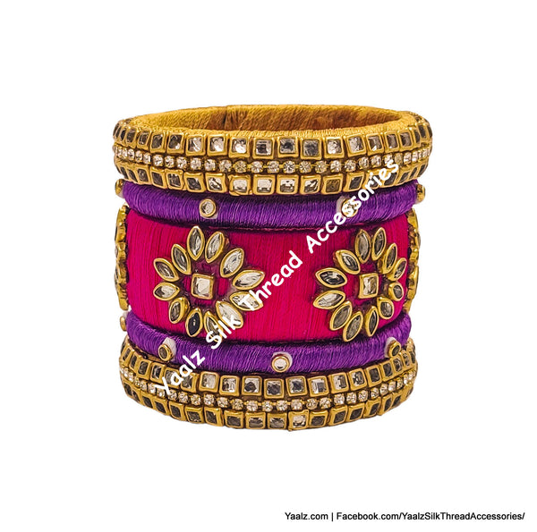Yaalz Silk Thread Kundan 5Pcs Heavy Stone Partywear Bangle Set In Red, Purple & Gold Colors