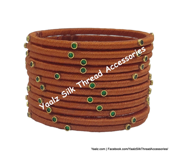 Yaalz Silk Thread Weightless Thin Dozen Bangles With Kundan Stones In Assorted Colors - Set 1